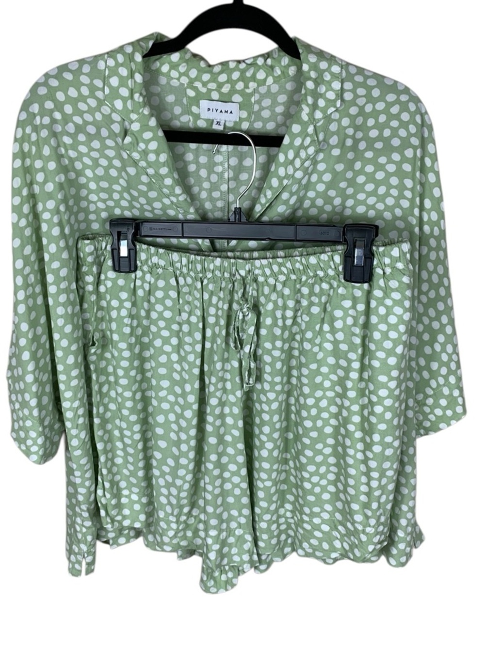 Women's Piyama Green Polka Dot Button Up Shirt Shorts Pajamas Set Size XL Lounge